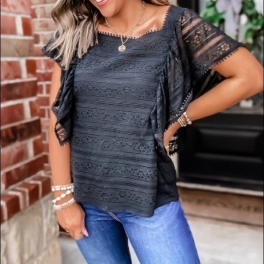 Black Lace Boho Short Sleeve Top NWT